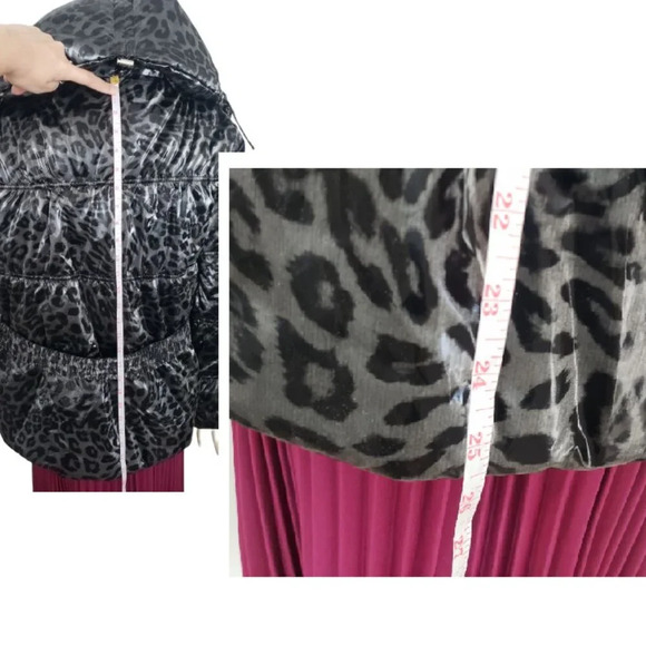 Shiny Animal Printed Gray/Black Belted  Puffy Jacket - Picture 10 of 12